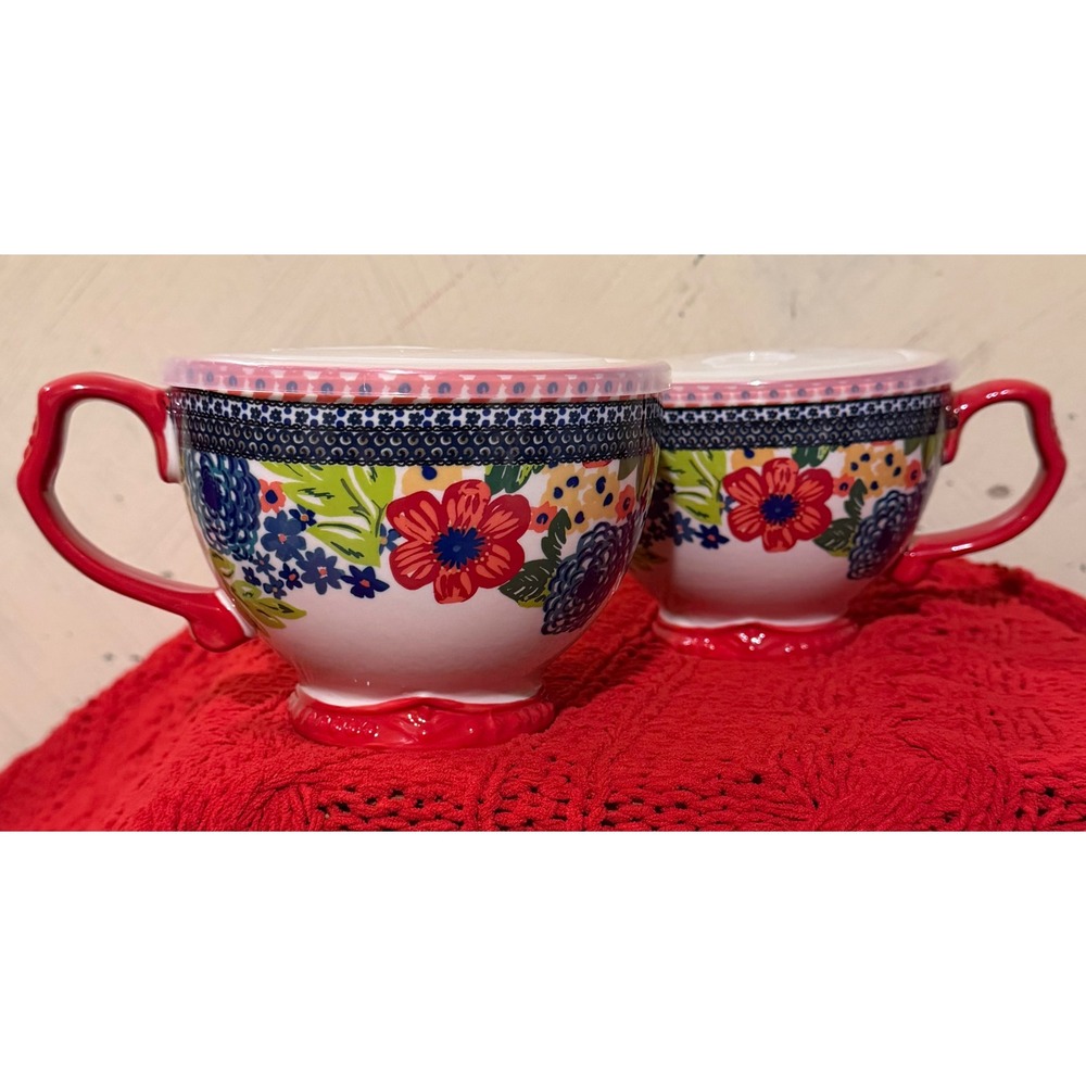 Pioneer Woman Breezy Blossom Soup Mugs with Lids Set of 2 Stoneware Floral 2012